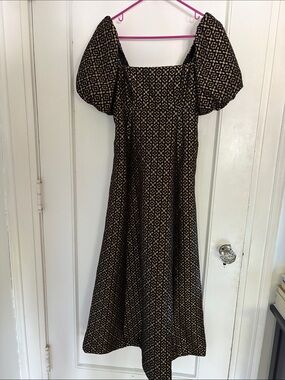 Hill House Puff Sleeve Maxi Dress in Black and Tan Geometric